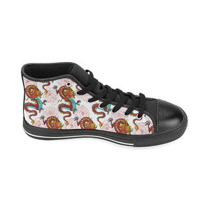 Red Dragon Hibiscus Pattern Women's High Top Canvas Shoes Black
