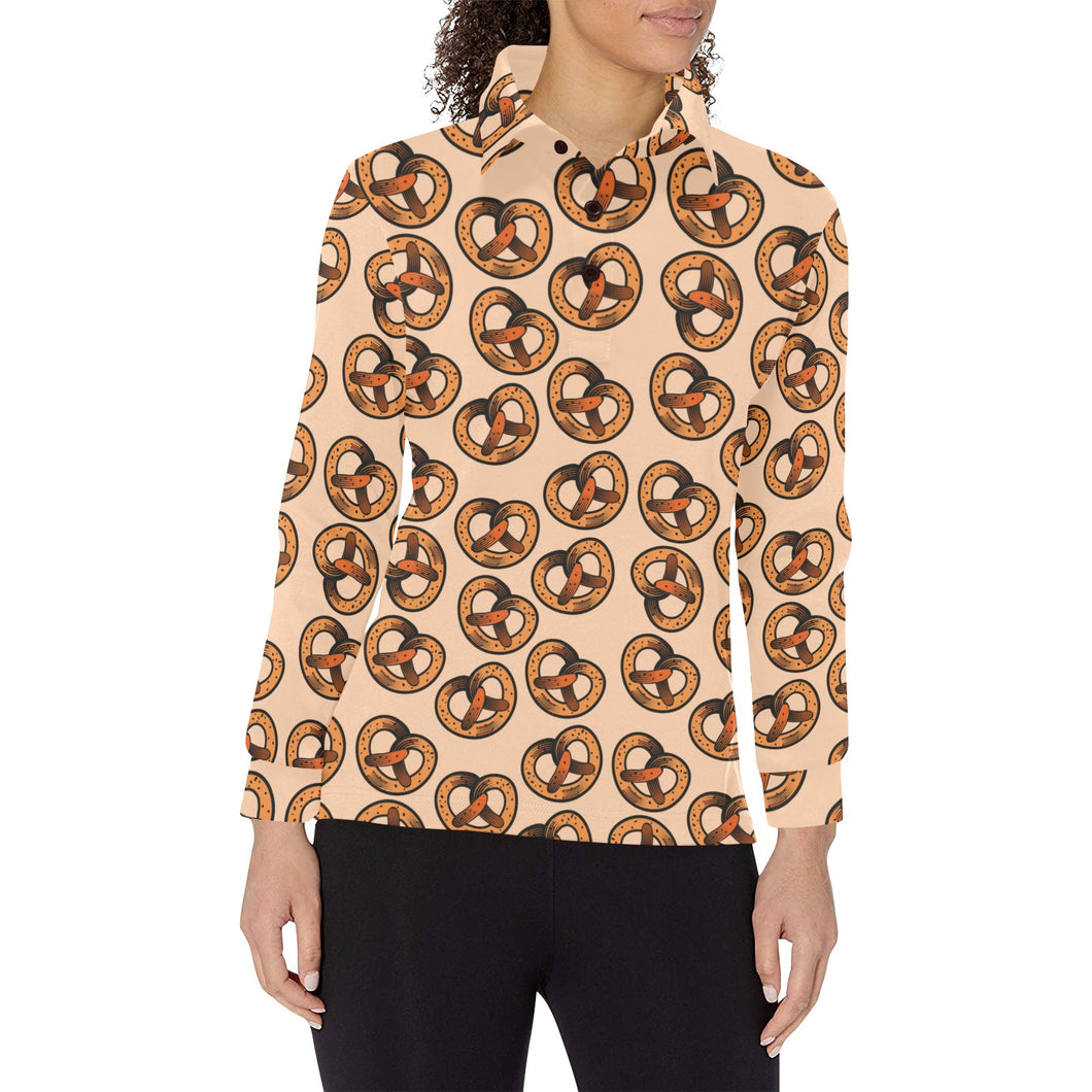 Pretzels Pattern Print Design 02 Women's Long Sleeve Polo Shirt