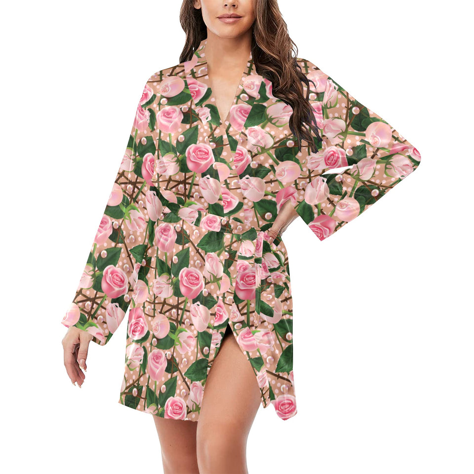 Rose Pattern Print Design 04 Women's Long Sleeve Belted Night Robe