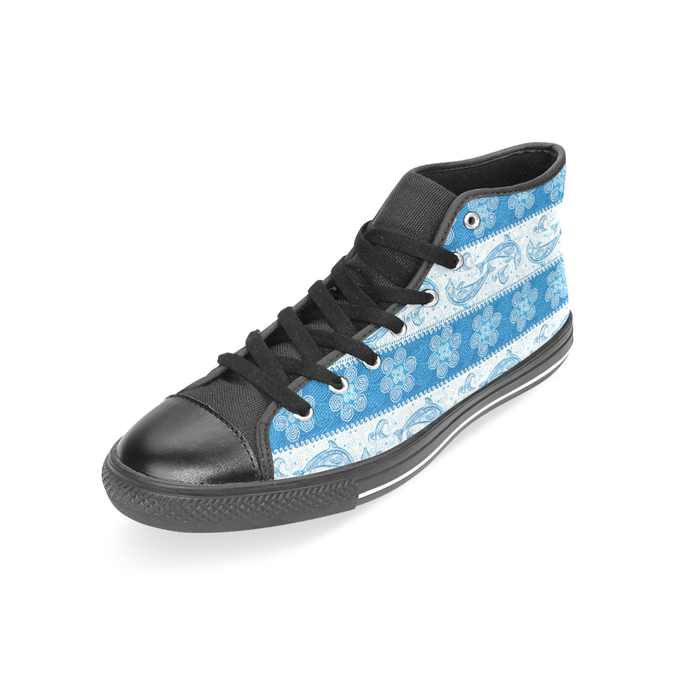 Dolphin Tribal Pattern Women's High Top Canvas Shoes Black