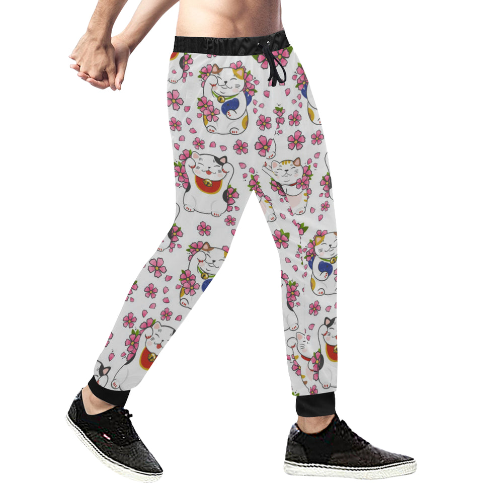 Meneki Neko Lucky Cat Sakura Flower Pattern Unisex Casual Sweatpants