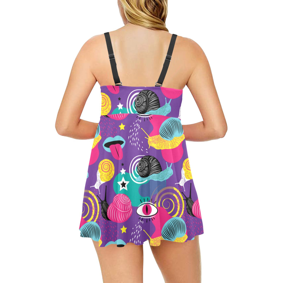 Snail Pattern Print Design 02 Chest Sexy Pleated Two Piece Swim Dress