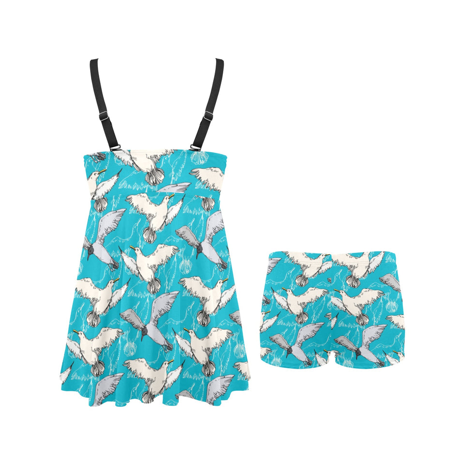 Seagull Pattern Print Design 03 Chest Sexy Pleated Two Piece Swim Dress