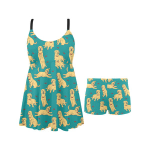 Golden Retriever Pattern Print Design 05 Chest Sexy Pleated Two Piece Swim Dress