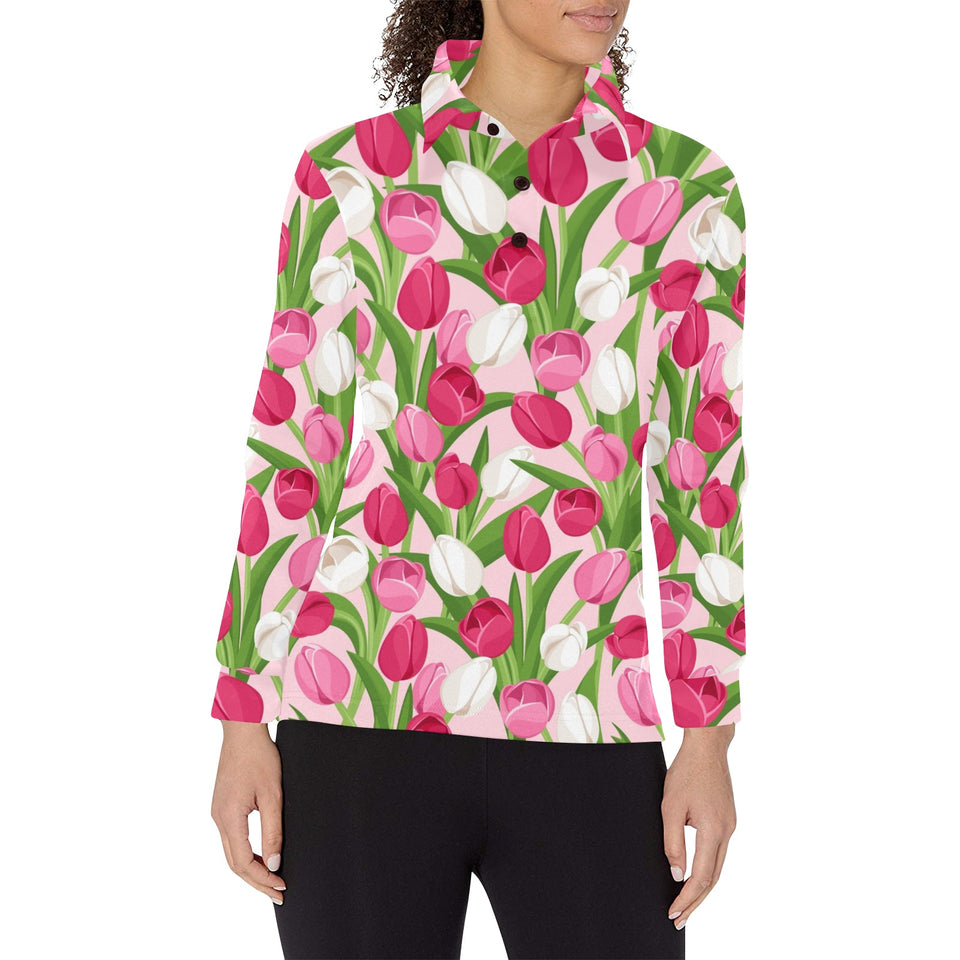 Pink White Tulip Pattern Women's Long Sleeve Polo Shirt