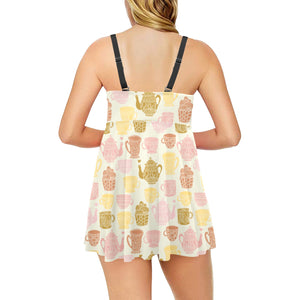 Tea pots Pattern Print Design 02 Chest Sexy Pleated Two Piece Swim Dress