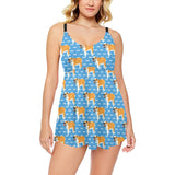 English Bulldog Pattern Print Design 04 Chest Sexy Pleated Two Piece Swim Dress