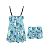 Swallow Pattern Print Design 05 Chest Sexy Pleated Two Piece Swim Dress