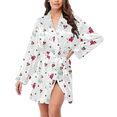 Jack Russel Pattern Print Design 03 Women's Long Sleeve Belted Night Robe