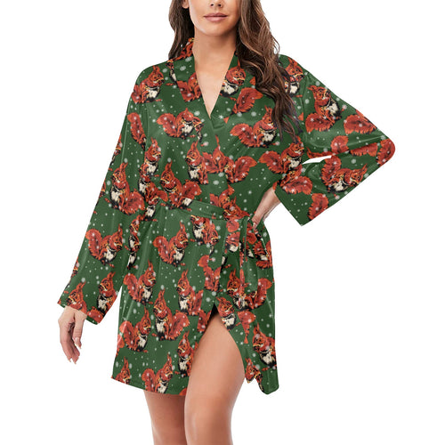 Squirrel Pattern Print Design 03 Women's Long Sleeve Belted Night Robe