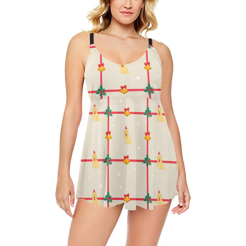 Golden Retriever Pattern Print Design 01 Chest Sexy Pleated Two Piece Swim Dress