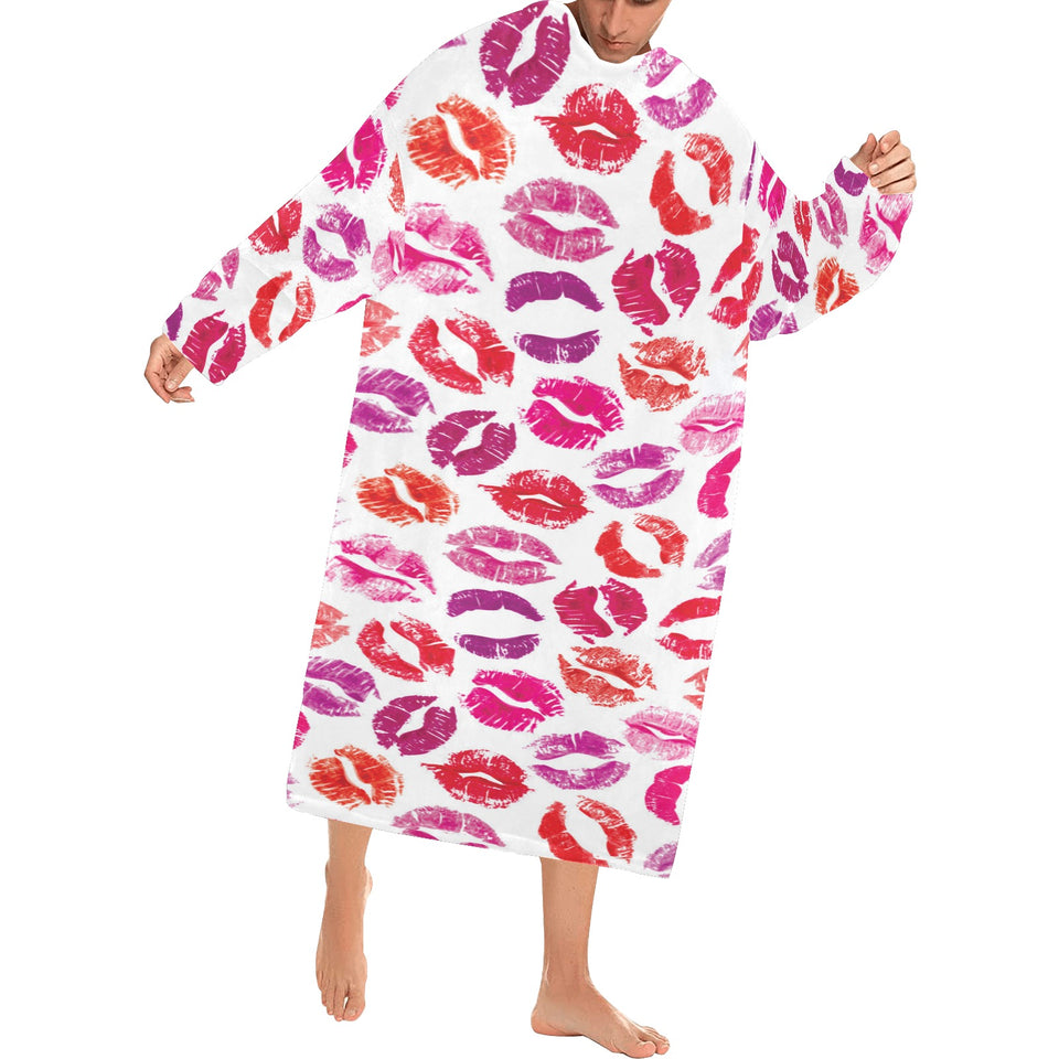 Lips Pattern Print Design 04 Blanket Robe with Sleeves