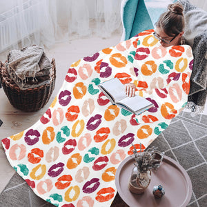 Lips Pattern Print Design 03 Blanket Robe with Sleeves