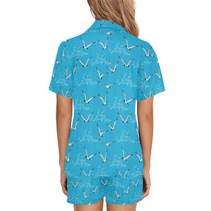 Seagull Pattern Print Design 05 Women's V-Neck Short Pajama Set