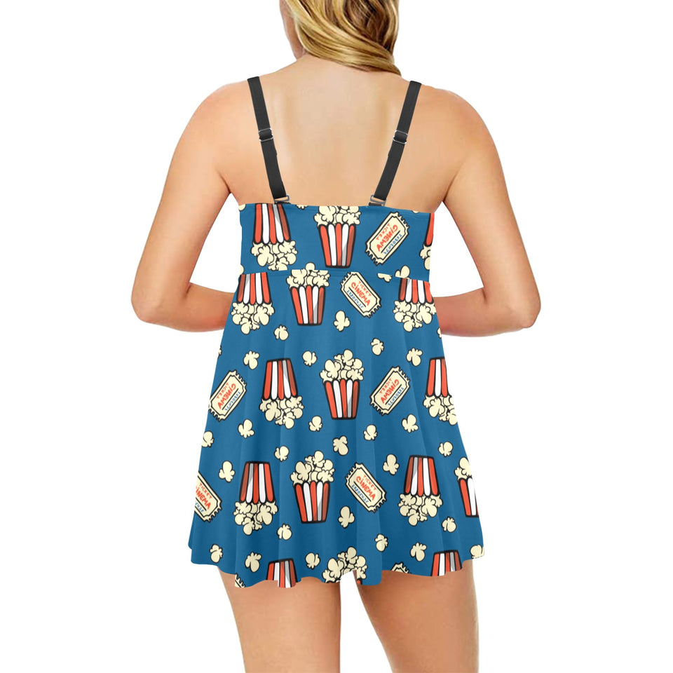 Popcorn Pattern Print Design 03 Chest Sexy Pleated Two Piece Swim Dress