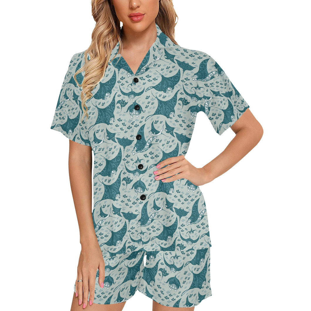 Stingray Pattern Print Design 01 Women's V-Neck Short Pajama Set