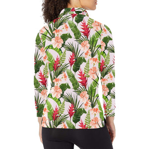 Heliconia Hibiscus Leaves Pattern Women's Long Sleeve Polo Shirt