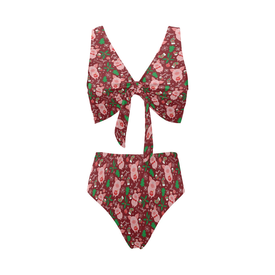 Pig Pattern Print Design 01 Chest Bowknot High Waisted Bikini Swimsuit