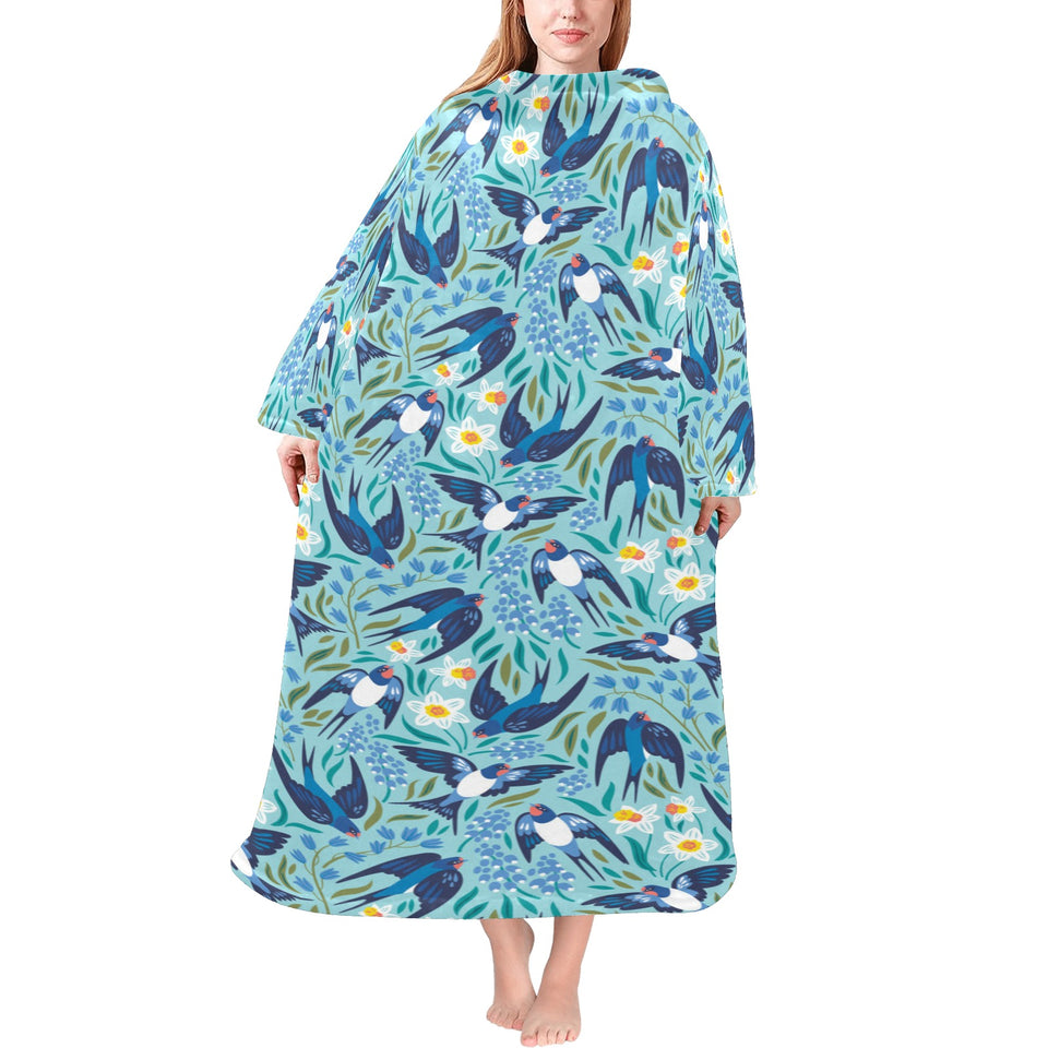 Swallow Pattern Print Design 05 Blanket Robe with Sleeves