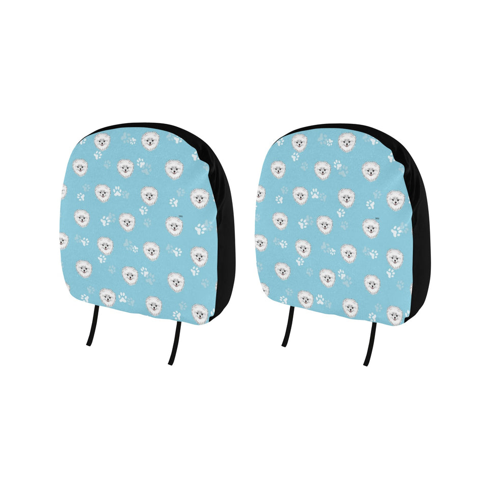 Pomeranian Pattern Blue Background Car Headrest Cover