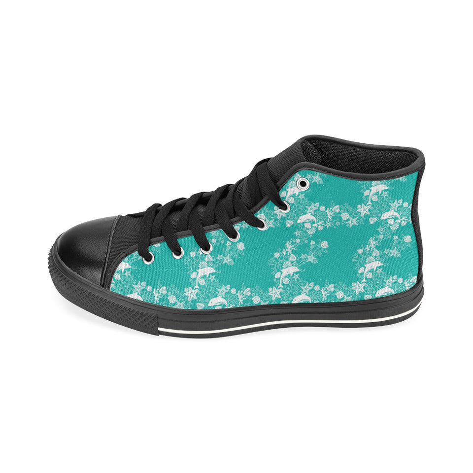 Dolphin Sea Shell Starfish Pattern Women's High Top Canvas Shoes Black