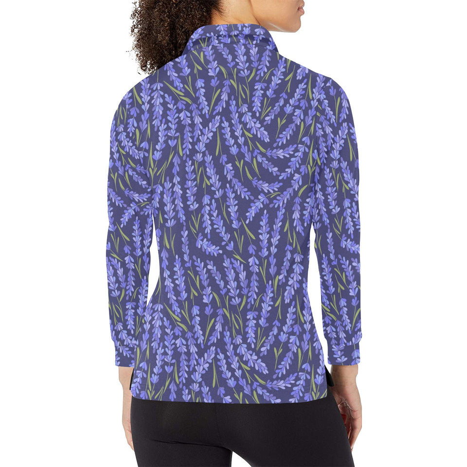 Lavender Theme Pattern Women's Long Sleeve Polo Shirt