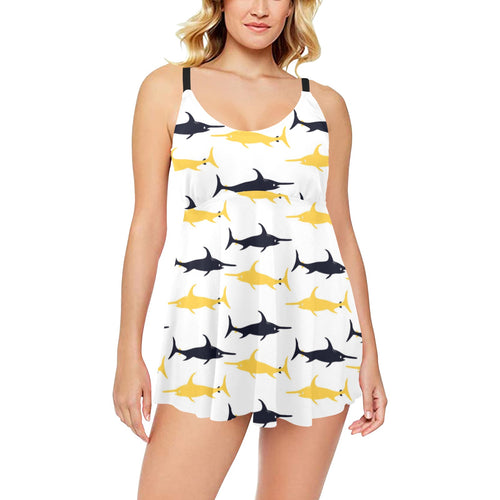 Swordfish Pattern Print Design 05 Chest Sexy Pleated Two Piece Swim Dress