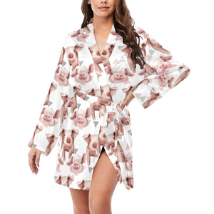 Pig Pattern Print Design 04 Women's Long Sleeve Belted Night Robe