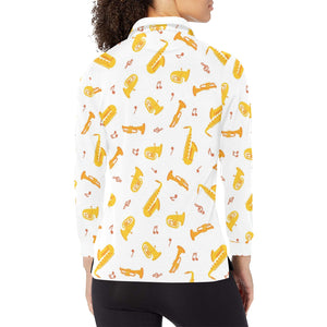 Saxophone Pattern Theme Women's Long Sleeve Polo Shirt