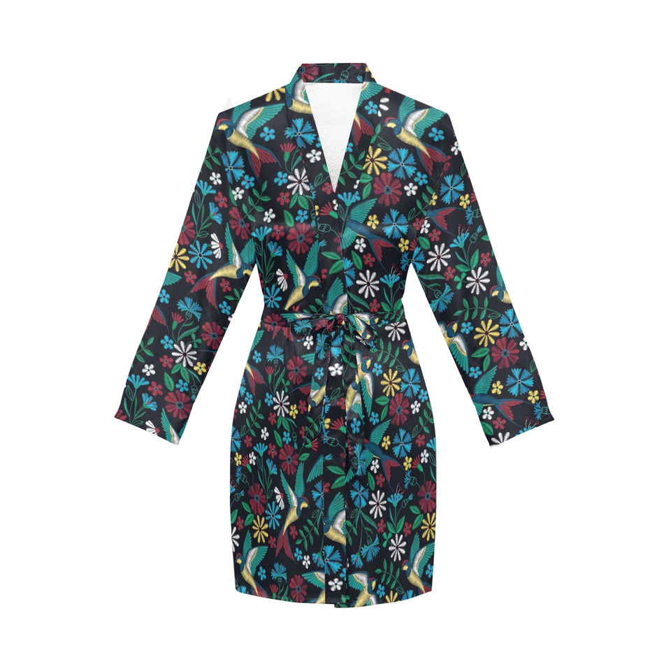 Swallow Pattern Print Design 04 Women's Long Sleeve Belted Night Robe