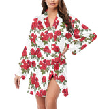 Rose Pattern Print Design 05 Women's Long Sleeve Belted Night Robe