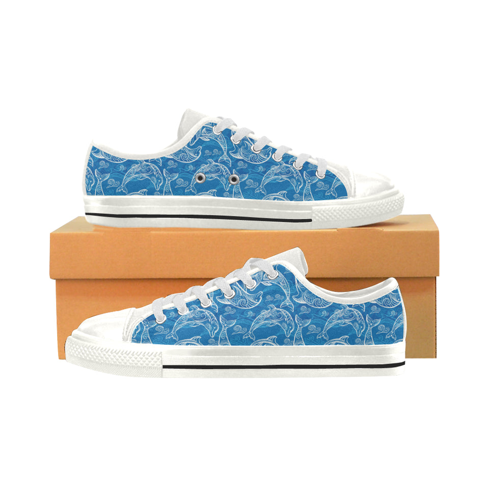 Dolphin Tribal Blue Pattern Women's Low Top Canvas Shoes White