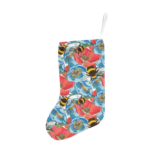 Bee Red and Blue Hibiscus Pattern Christmas Stocking