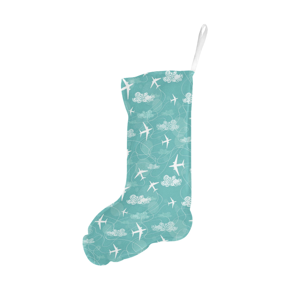 Airplane Cloud Pattern Green Background Christmas Stocking