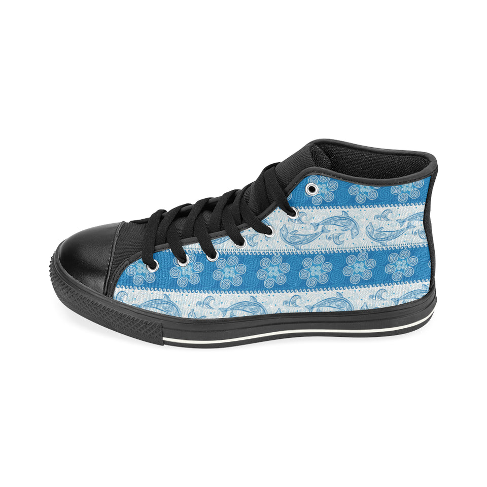 Dolphin Tribal Pattern Women's High Top Canvas Shoes Black