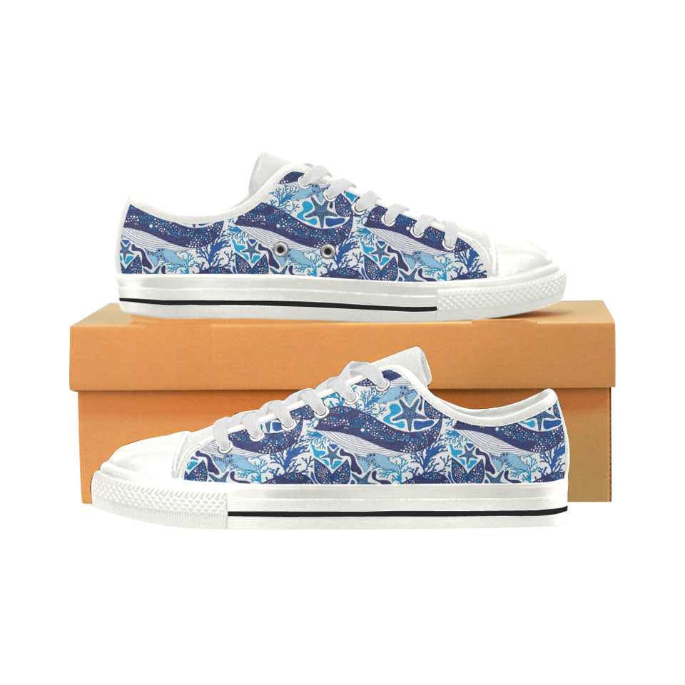 Whale Starfish Pattern Women's Low Top Canvas Shoes White