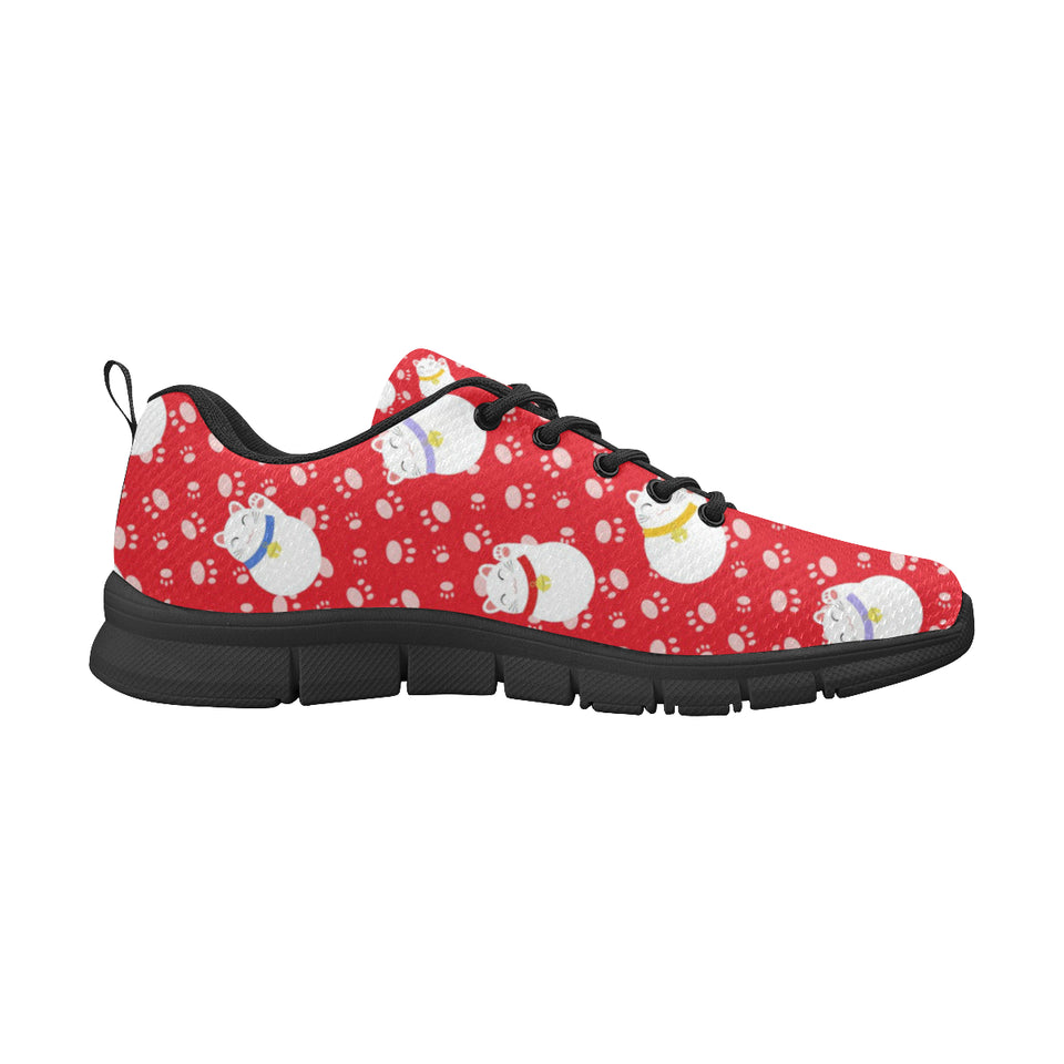 Meneki Neko Lucky Cat Pattern Red Background Men's Sneakers Black