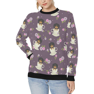 Dachshund in Coffee Cup Flower Pattern Women's Crew Neck Sweatshirt