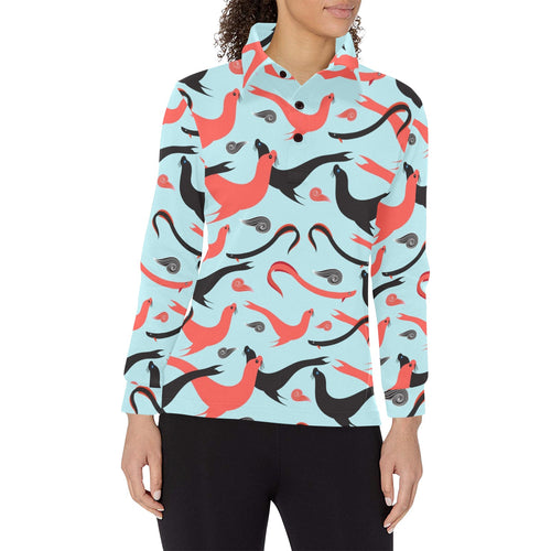 Sea Lion Pattern Theme Women's Long Sleeve Polo Shirt