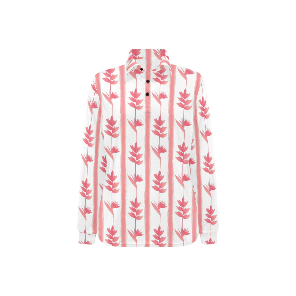 Heliconia Pink White Pattern Women's Long Sleeve Polo Shirt