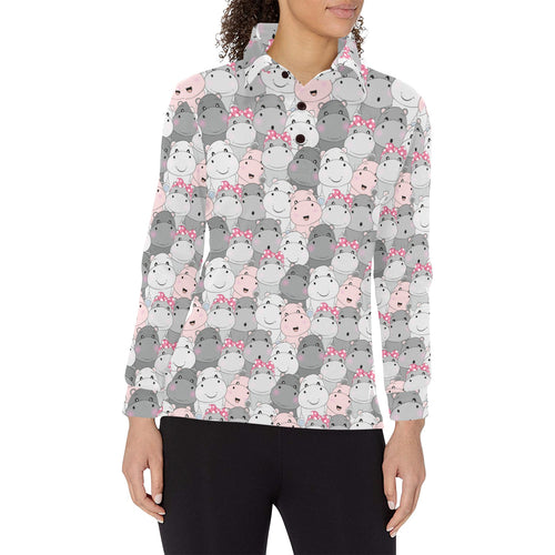 Hippopotamus Pattern Print Design 03 Women's Long Sleeve Polo Shirt