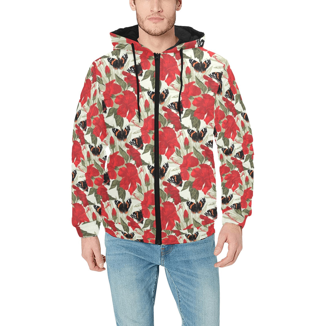 Hibiscus Pattern Print Design 04 Men's Padded Hooded Jacket(ModelH42)