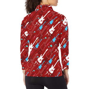 Electical Guitar Red Pattern Women's Long Sleeve Polo Shirt