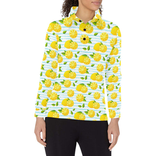 Lemon Pattern Stripe Background Women's Long Sleeve Polo Shirt