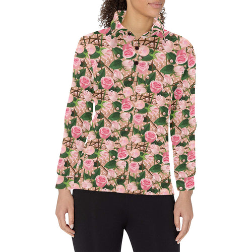 Rose Pattern Print Design 04 Women's Long Sleeve Polo Shirt