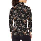 Japanese Crane Pattern Background Women's Long Sleeve Polo Shirt