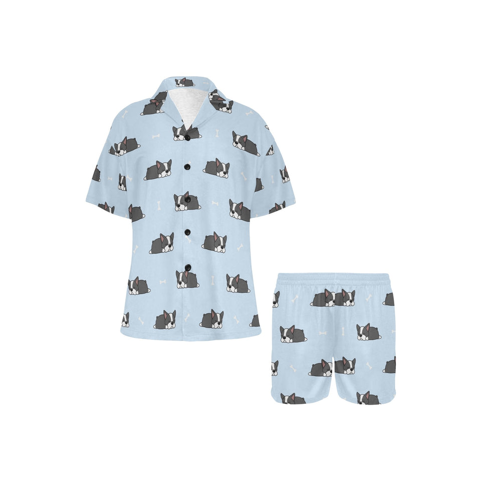 Sleep Boston Terrier Bone Pattern Women's V-Neck Short Pajama Set