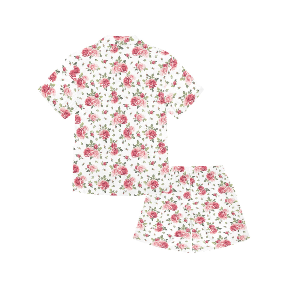 Rose Pattern Print Design 02 Kids' Boys' Girls' V-Neck Short Pajama Set