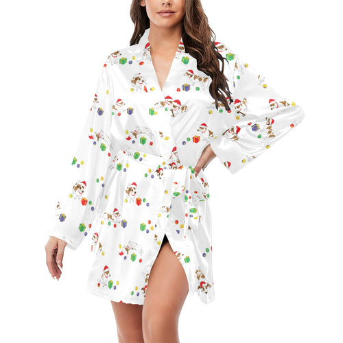 Jack Russel Pattern Print Design 02 Women's Long Sleeve Belted Night Robe