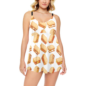 Sandwich Pattern Print Design 01 Chest Sexy Pleated Two Piece Swim Dress